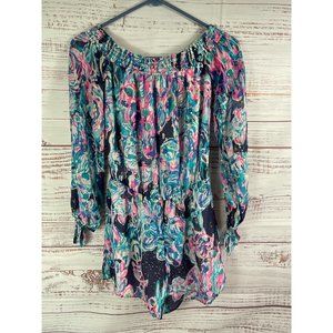 LILLY PULITZER Myri Silk Romper Bright Navy Caught Up sz XZ Off the Shoulder $18